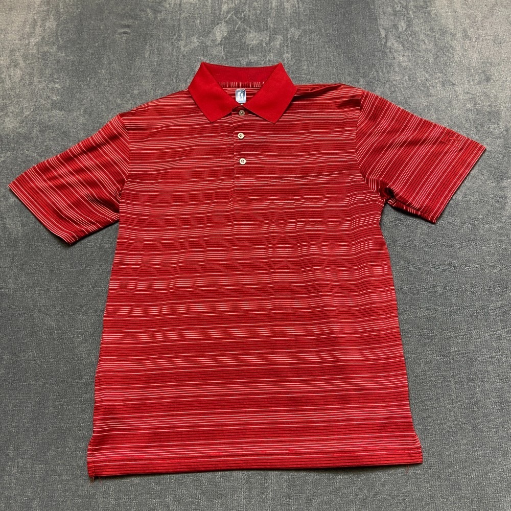 PGA Tour Polo Shirt Mens Medium Red White Striped Performance Golf Collared
